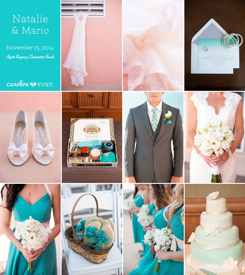teal pink beach wedding details
