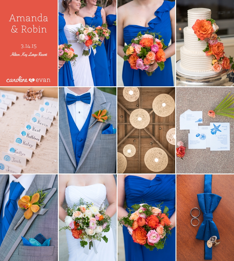 florida keys wedding at key largo hilton blue and orange details, bouquet, decor, attire and invitation