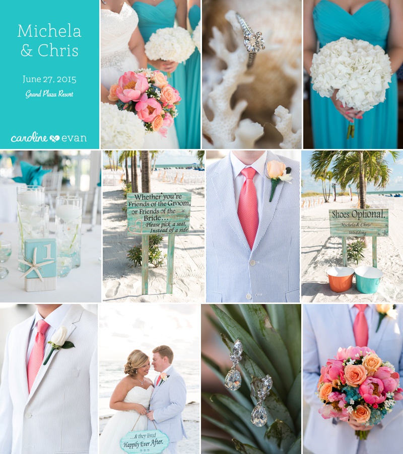 turquoise, pink and navy wedding details, bouquet and seersucker suits.