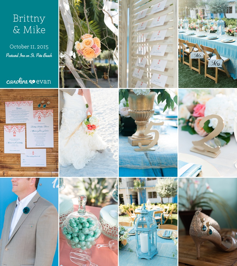 postcard Inn wedding details, teal and coral